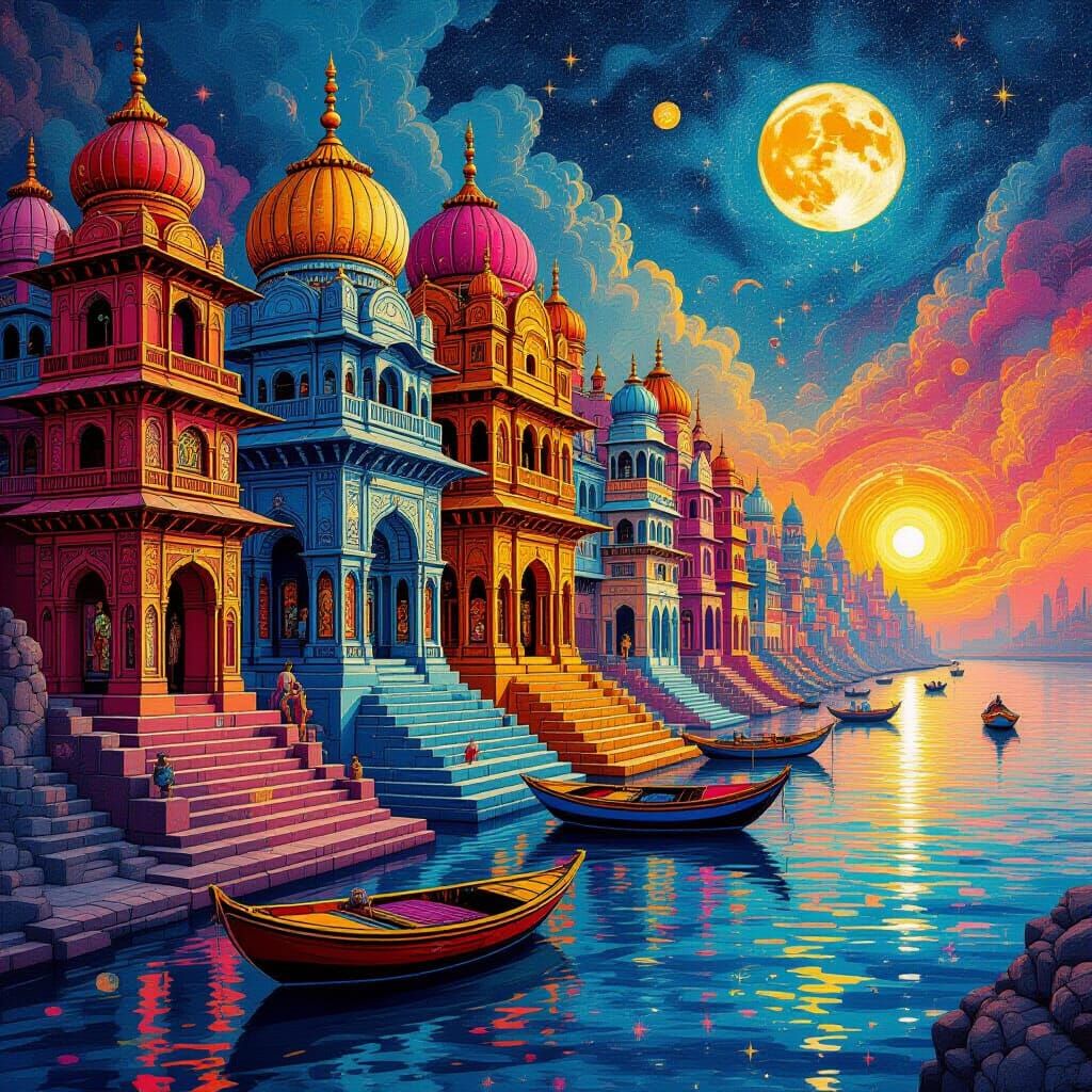 Psychedelic Varanasi Illustration in Mixed Media Style