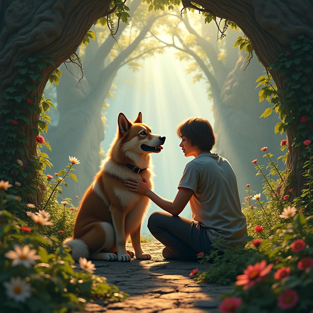 Dog and Owner in Lush Greenery