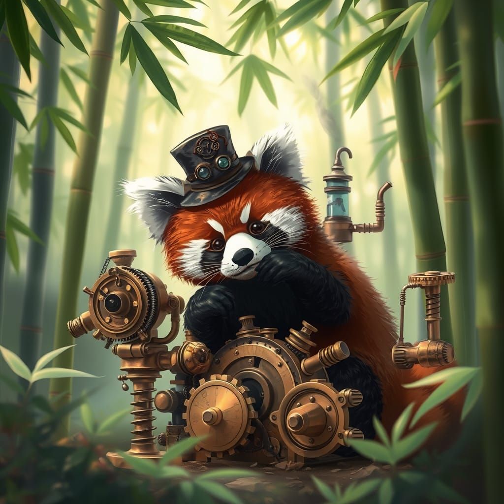 Steampunk Red Panda Inventor Tinkering with Brass Contraptio...