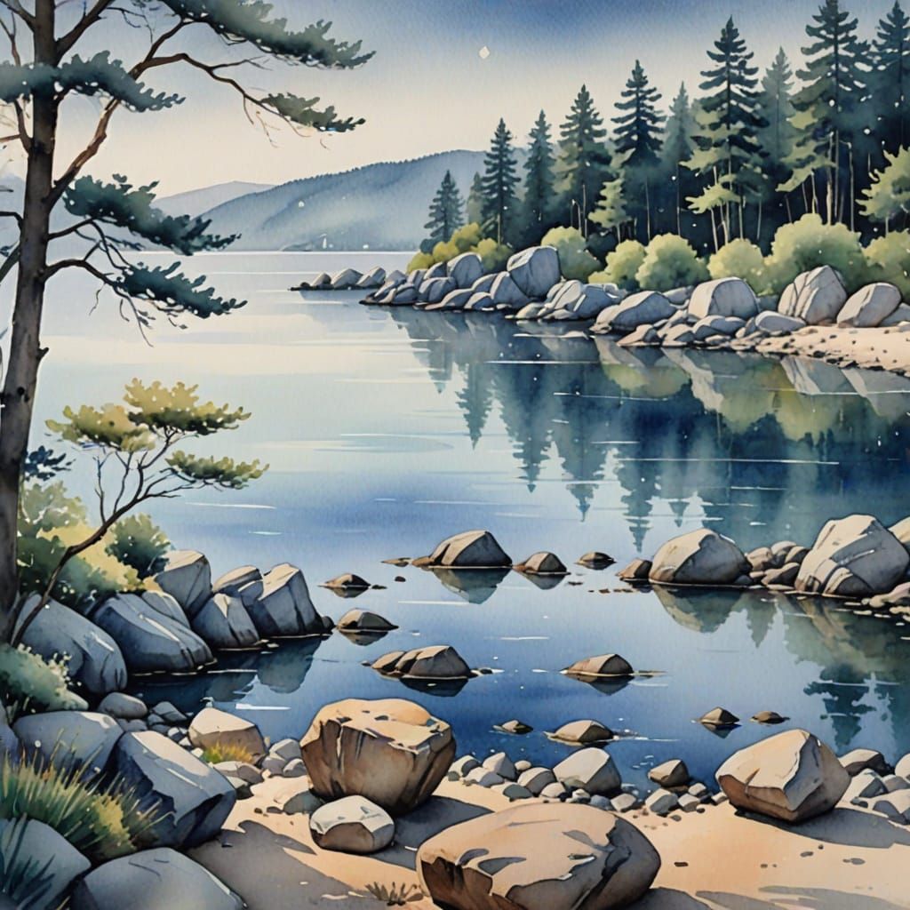 Soothing Watercolor Landscape with Calm Ocean and Gentle Bru...