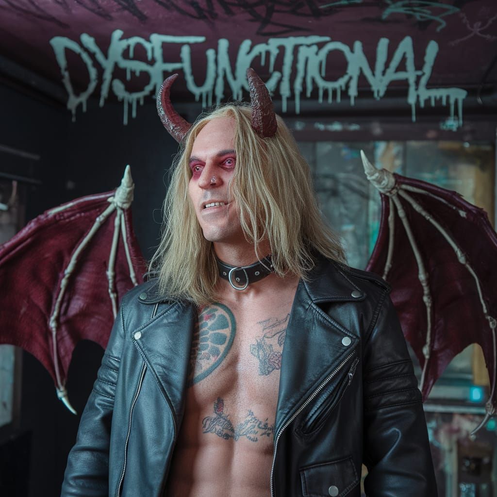 Blonde Demon with Horns, Wings, and Tattoos