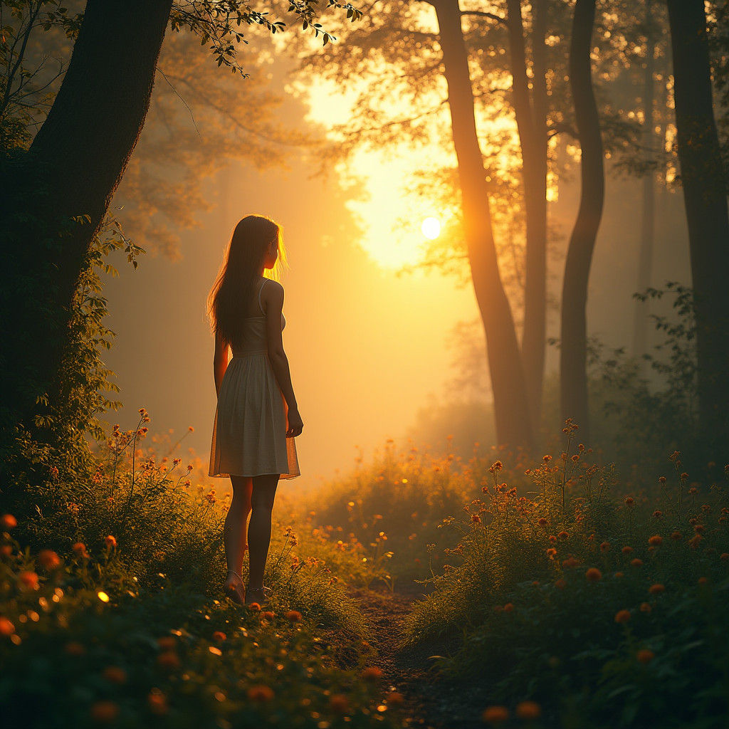 Golden Sunrise in Lush Forest: Photorealistic Concept Art