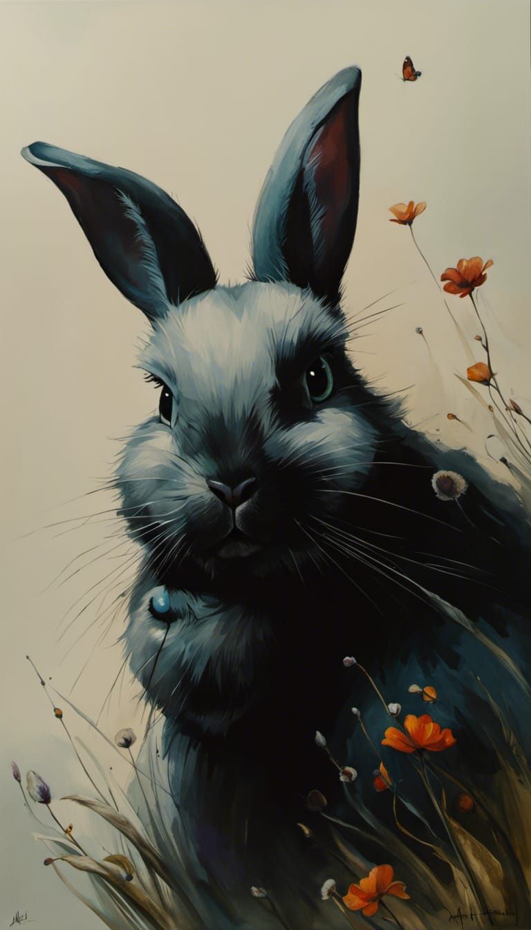 Girl and Giant Rabbit: Fluid Gouache Photorealistic Art