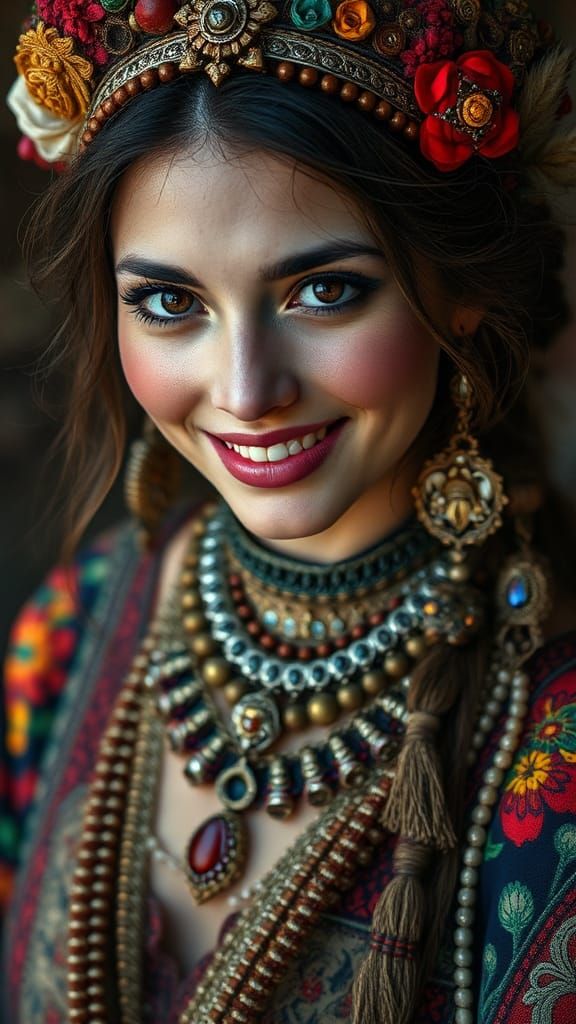 Hyperrealistic Gypsy Woman Portrait with Ancient Jewellery