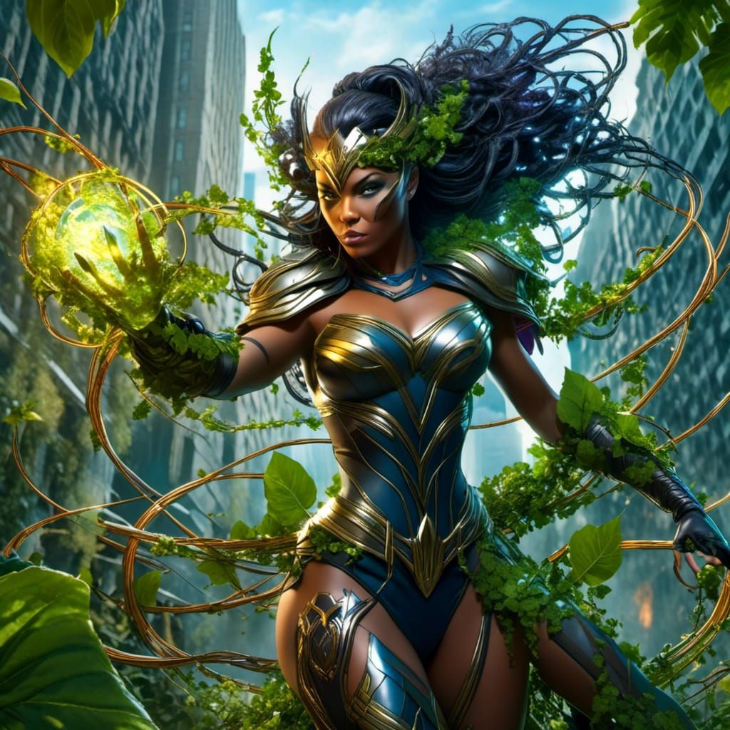 Earth Sorceress Superhero in Lush Digital Art Style