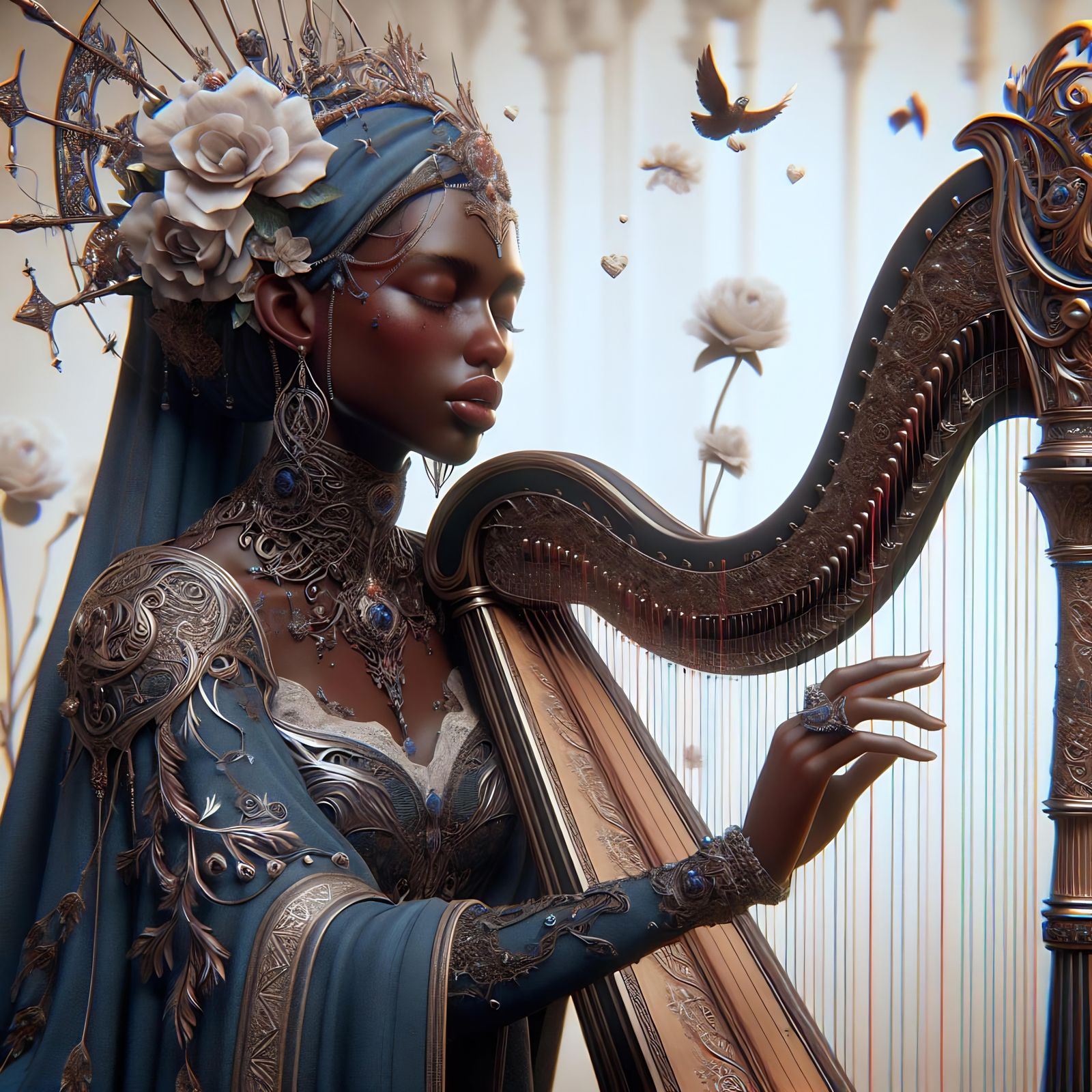 Black Sorceress Harpist in Ornate Blue Robes