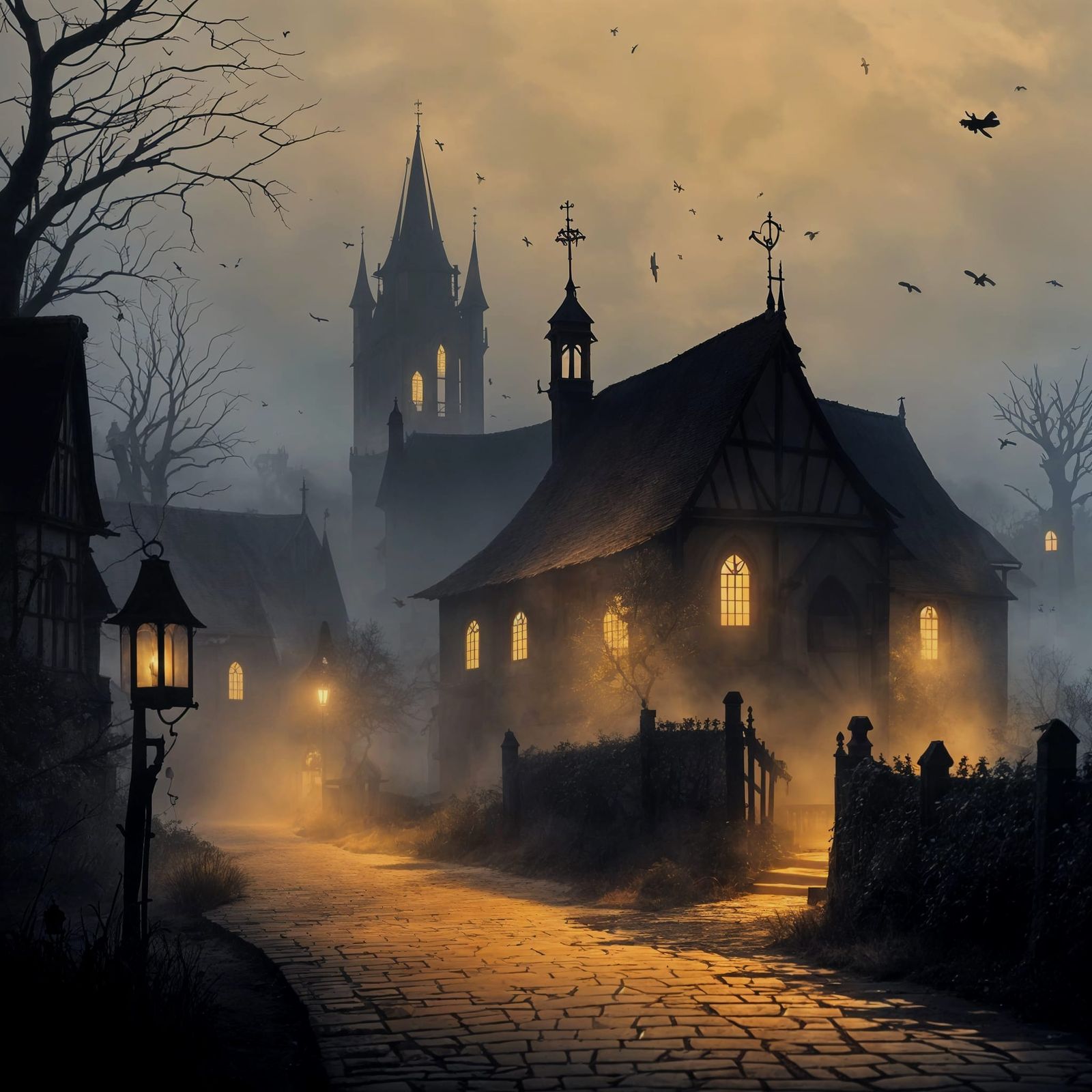 Mysterious Foggy Village at Night