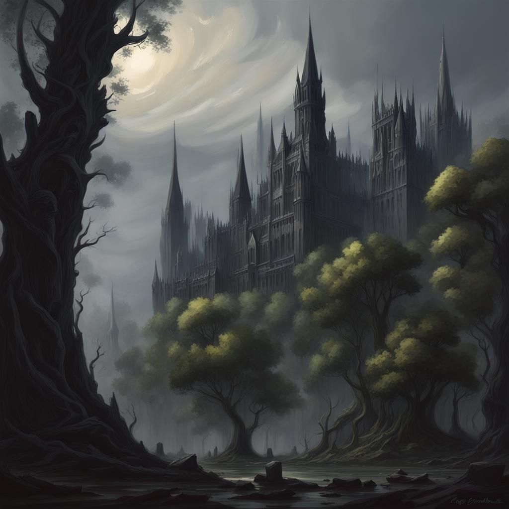 Ancient Gothic City in Dark Forest