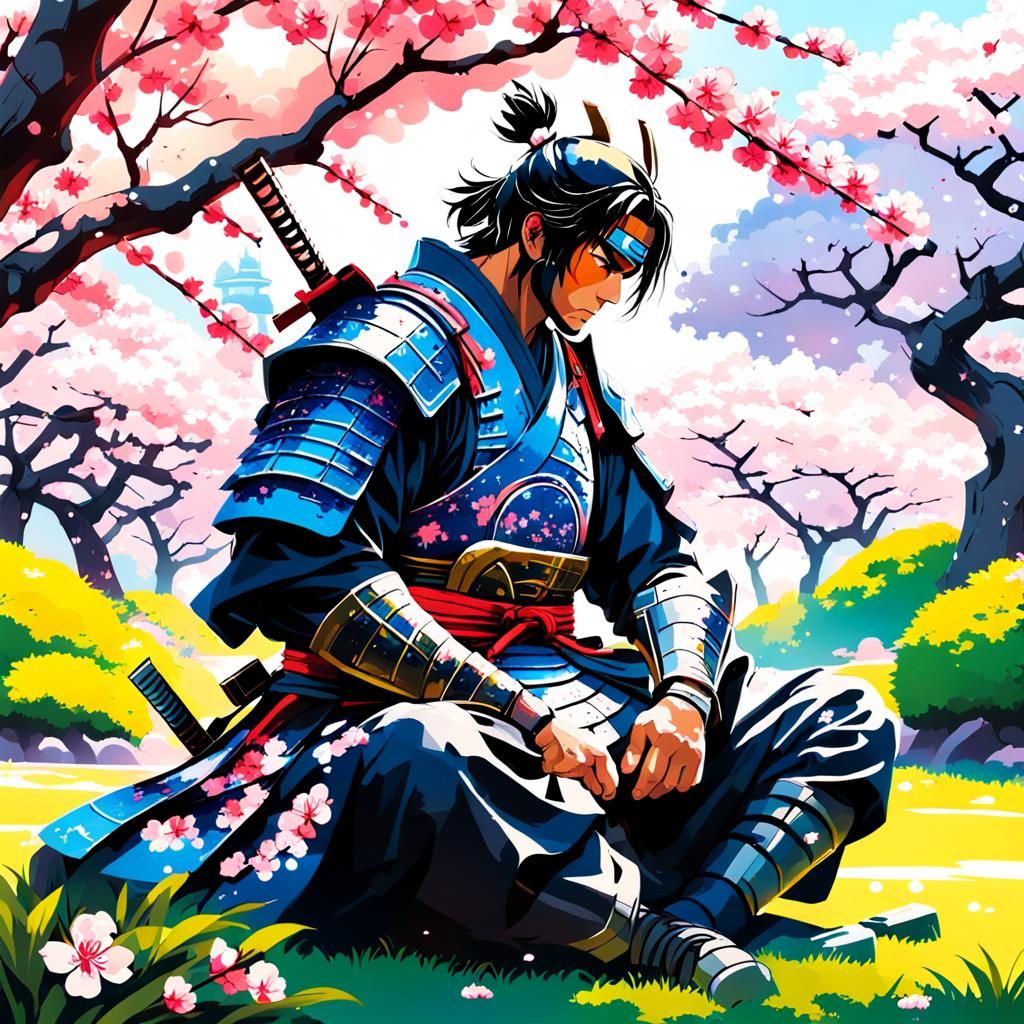Samurai Silhouette in Cherry Blossom Garden