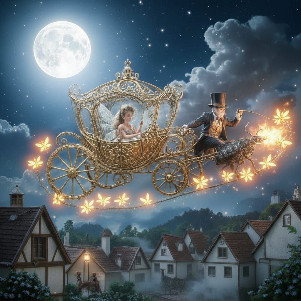 Miniature Golden Coach Pulled by Fireflies at Night