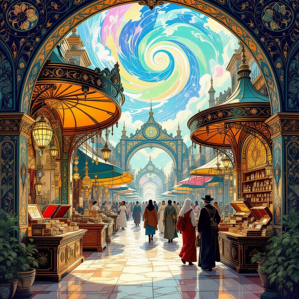 Art Nouveau Bazaar with Exotic Wares and Iridescent Sky