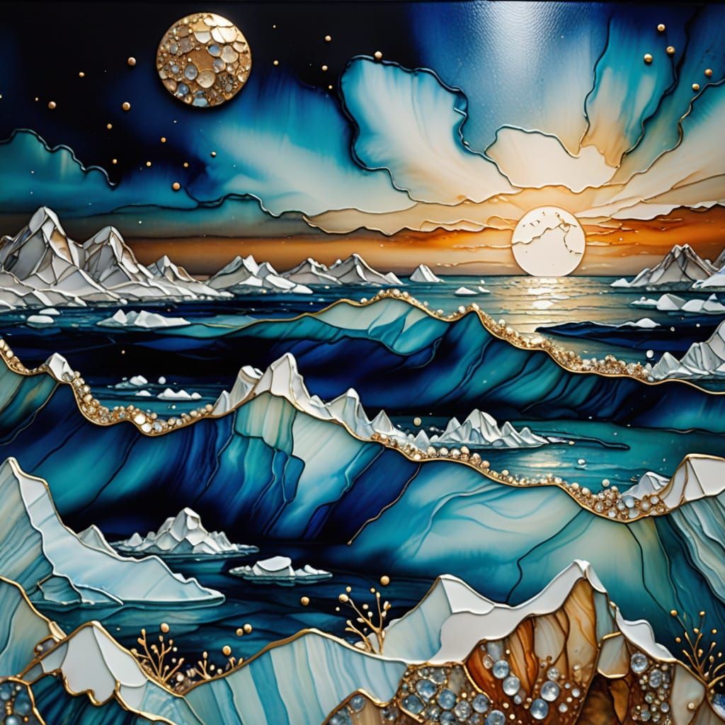 Moonlit Arctic Seascape with Icebergs in 3D