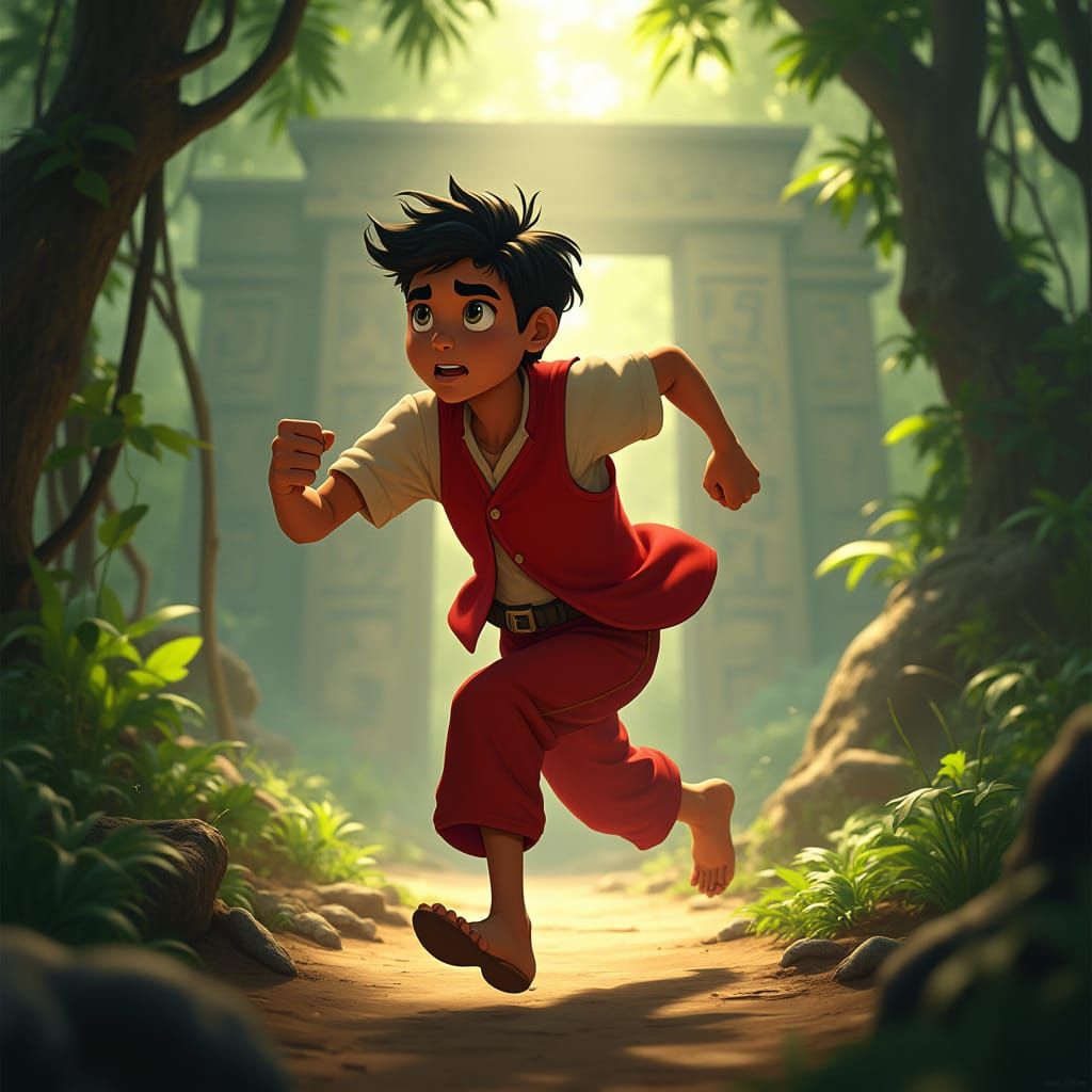 Heroic Boy in Vibrant Red Vest Embarks on Action-Packed Jung...