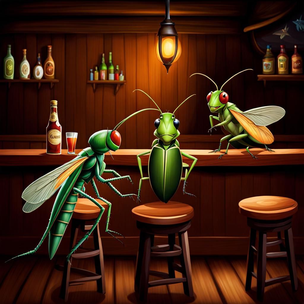 Insects at the Bar: Grasshopper, Cricket, Katydid
