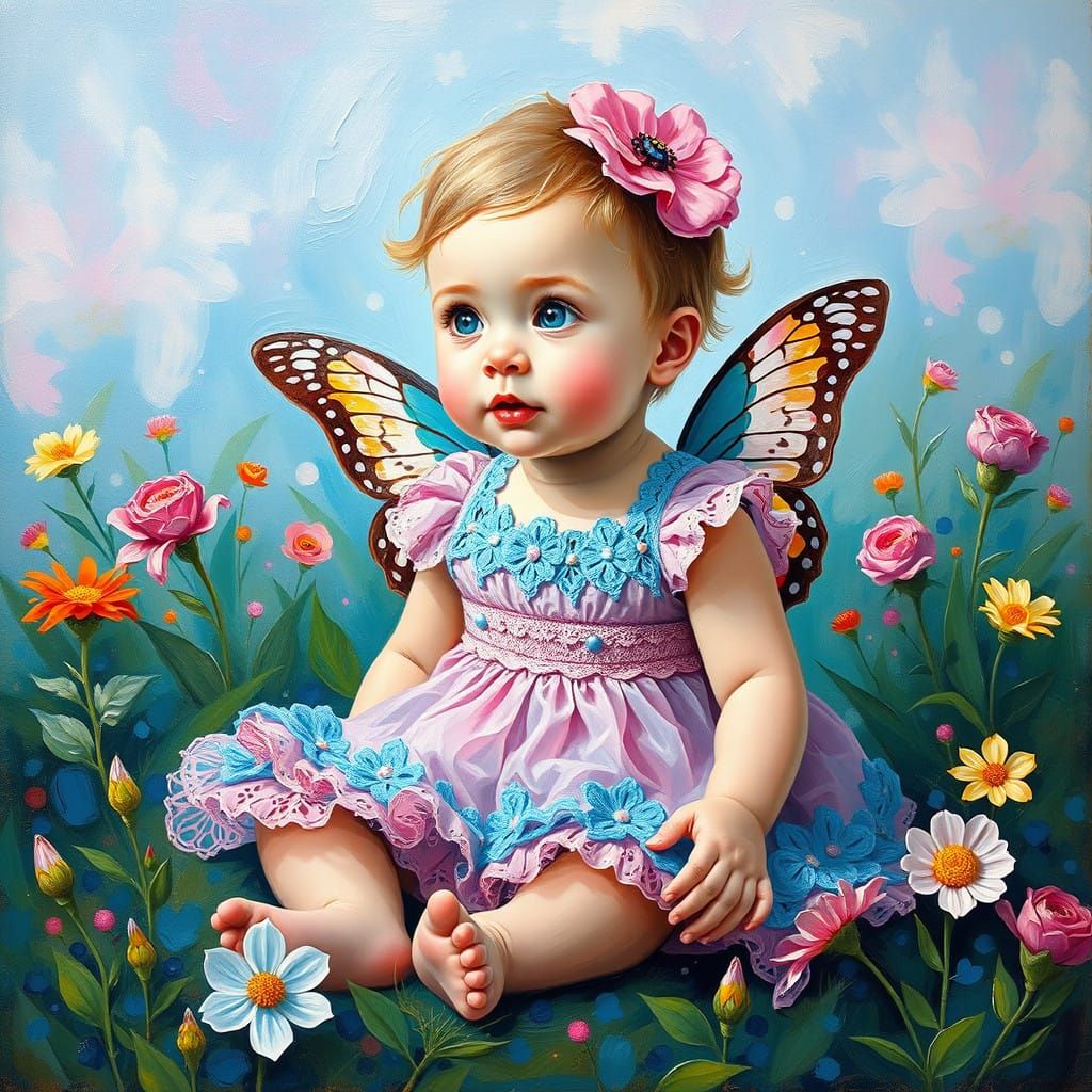 Cute Baby Girl in Floral Garden with Butterfly Wings