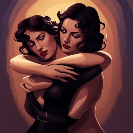 two beautifully elegant women hugging and embracing, in the style of lesbian pulp noir fiction paperback covers, art by ...