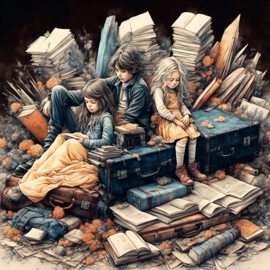 Children Reading Book in Hyperreal Ink Drawing