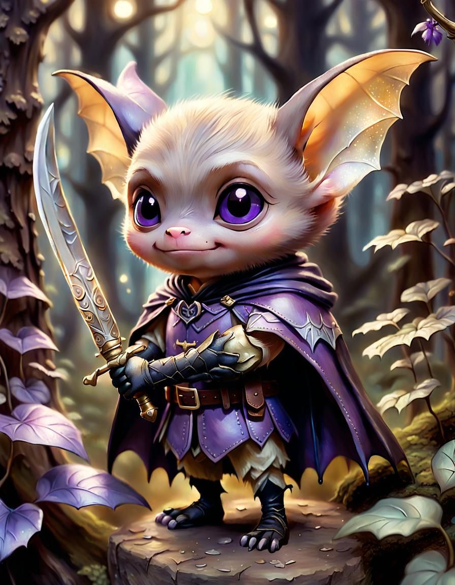 Chibi Bat-Human Hybrid in Magical Forest: Oil Painting