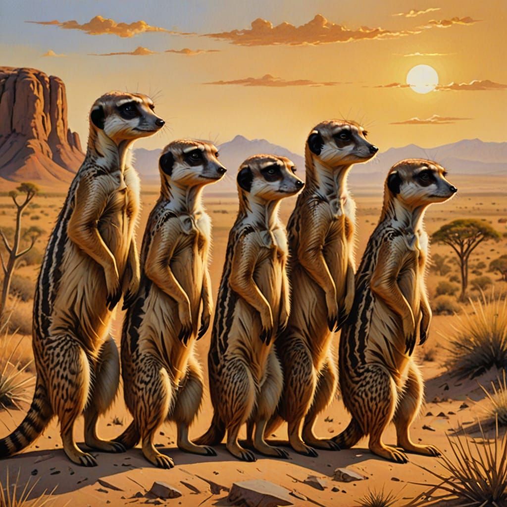 Meerkats Standing Tall in African Desert Landscape