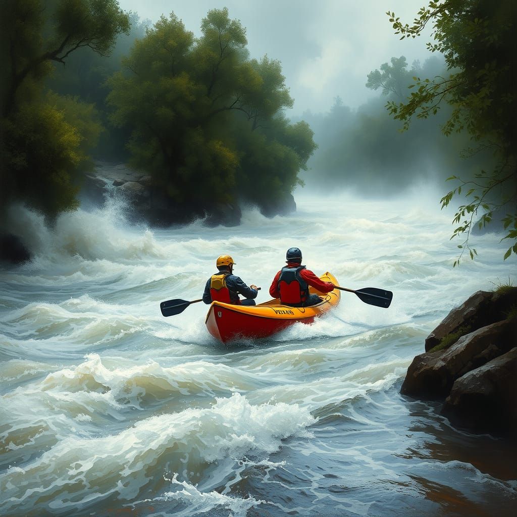 River in Turbulent Overflow - Dynamic Canoe Scene in James G...