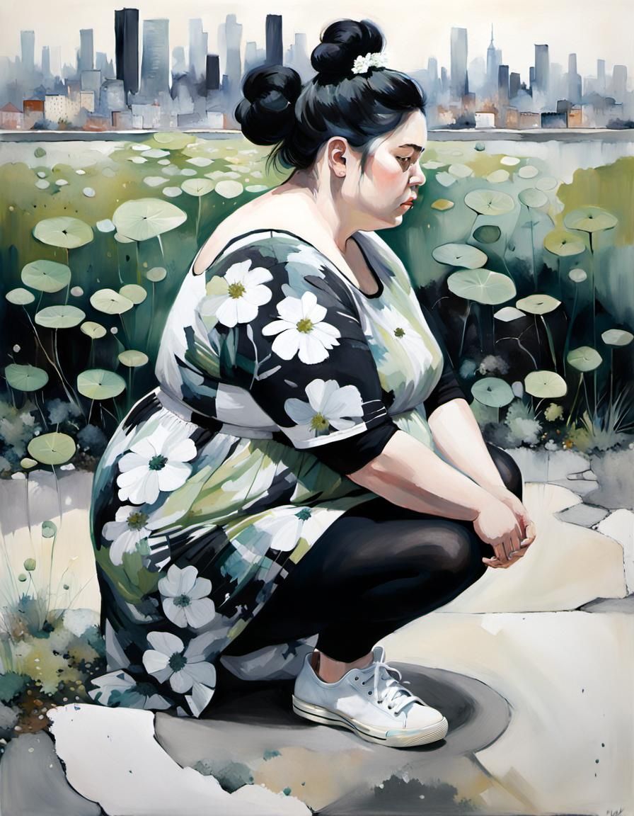 Woman in Flower Dress, Oil Painting Style