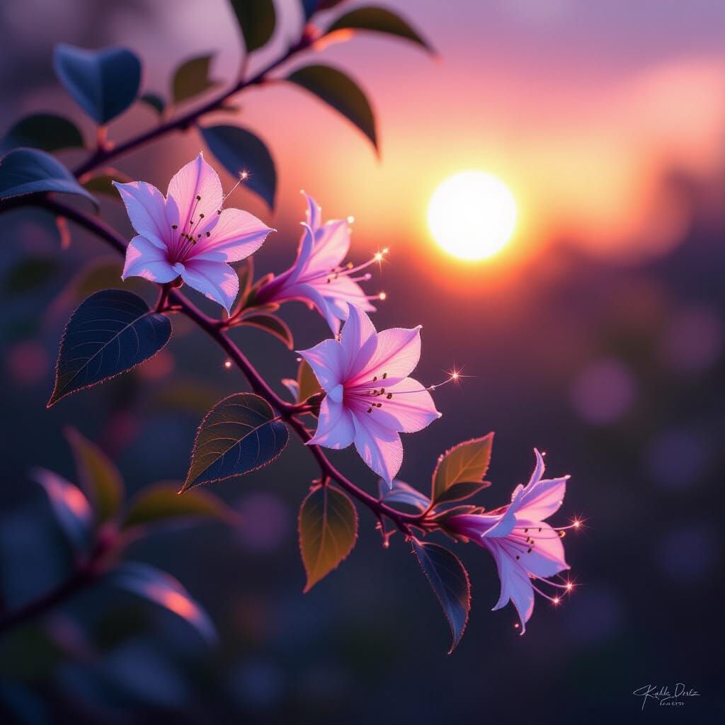 Glowing Silk Honeysuckle Sparkling with Dew at Sunset
