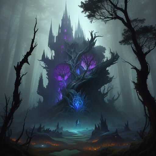 Mystical Sorceress in Dark Fantasy Forest, Art Nouveau Style