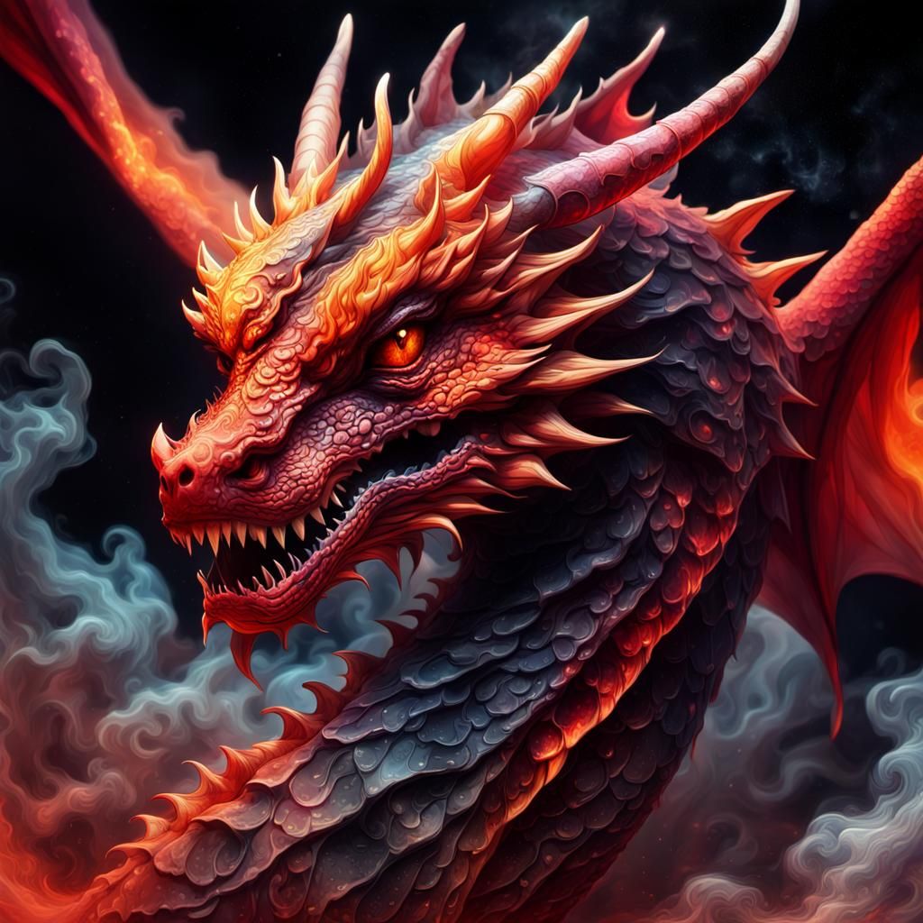 Glass Scale Red Dragon with Cosmic Nebula Smoke