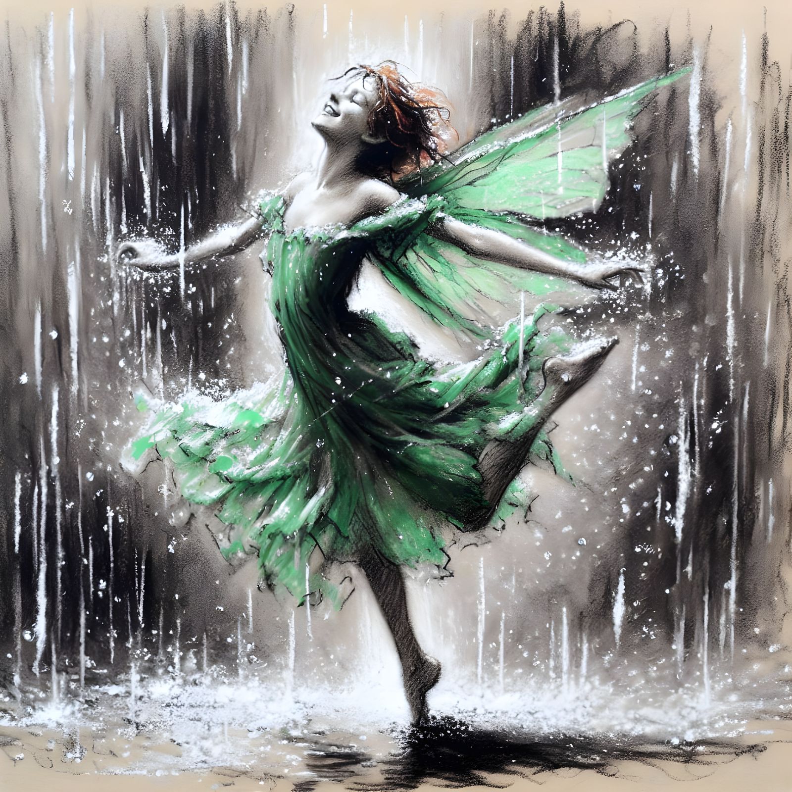 Joyful Faerie Dances in the Rain, in a Whimsical Charcoal St...