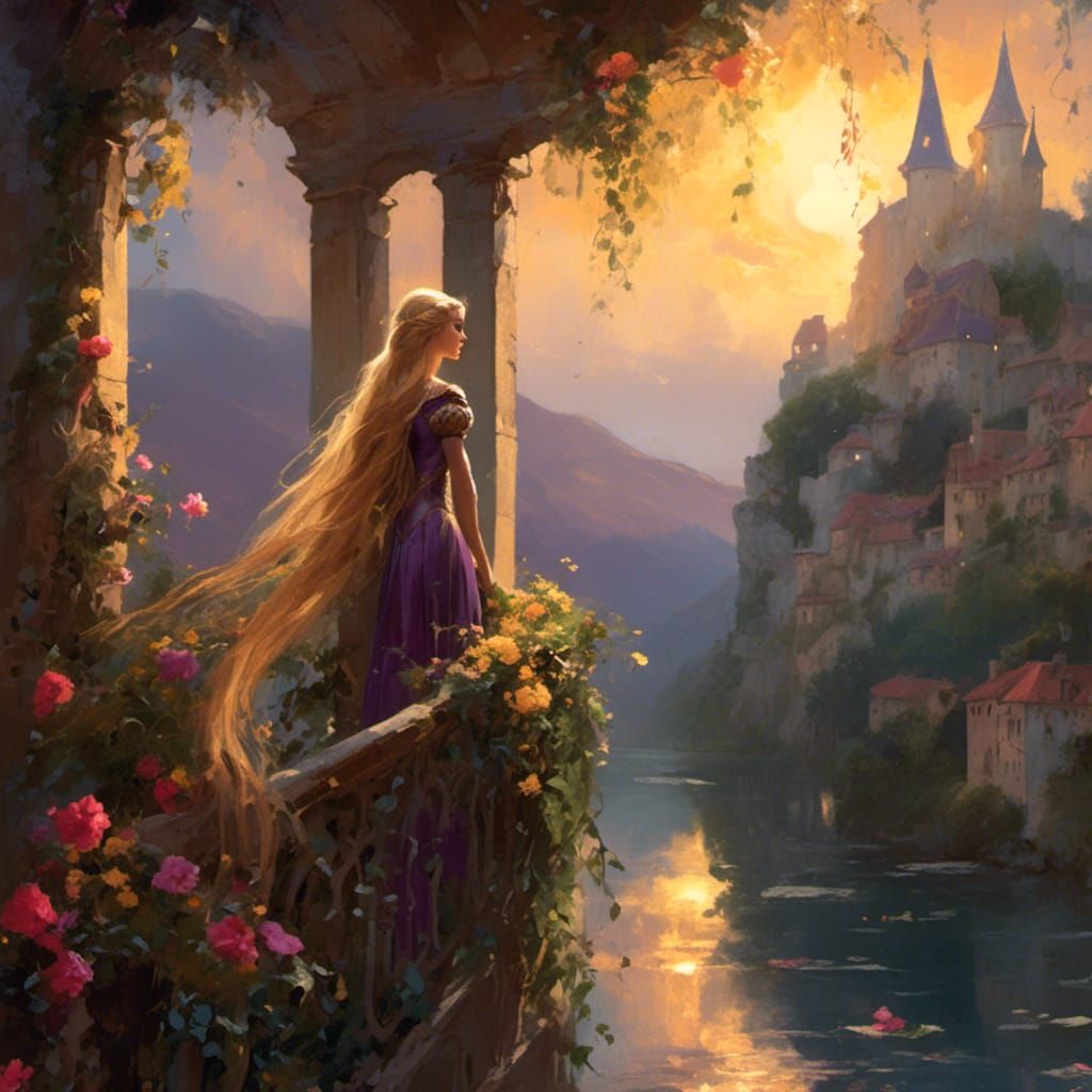 Rapunzel on Tower Balcony: Vibrant Oil Painting