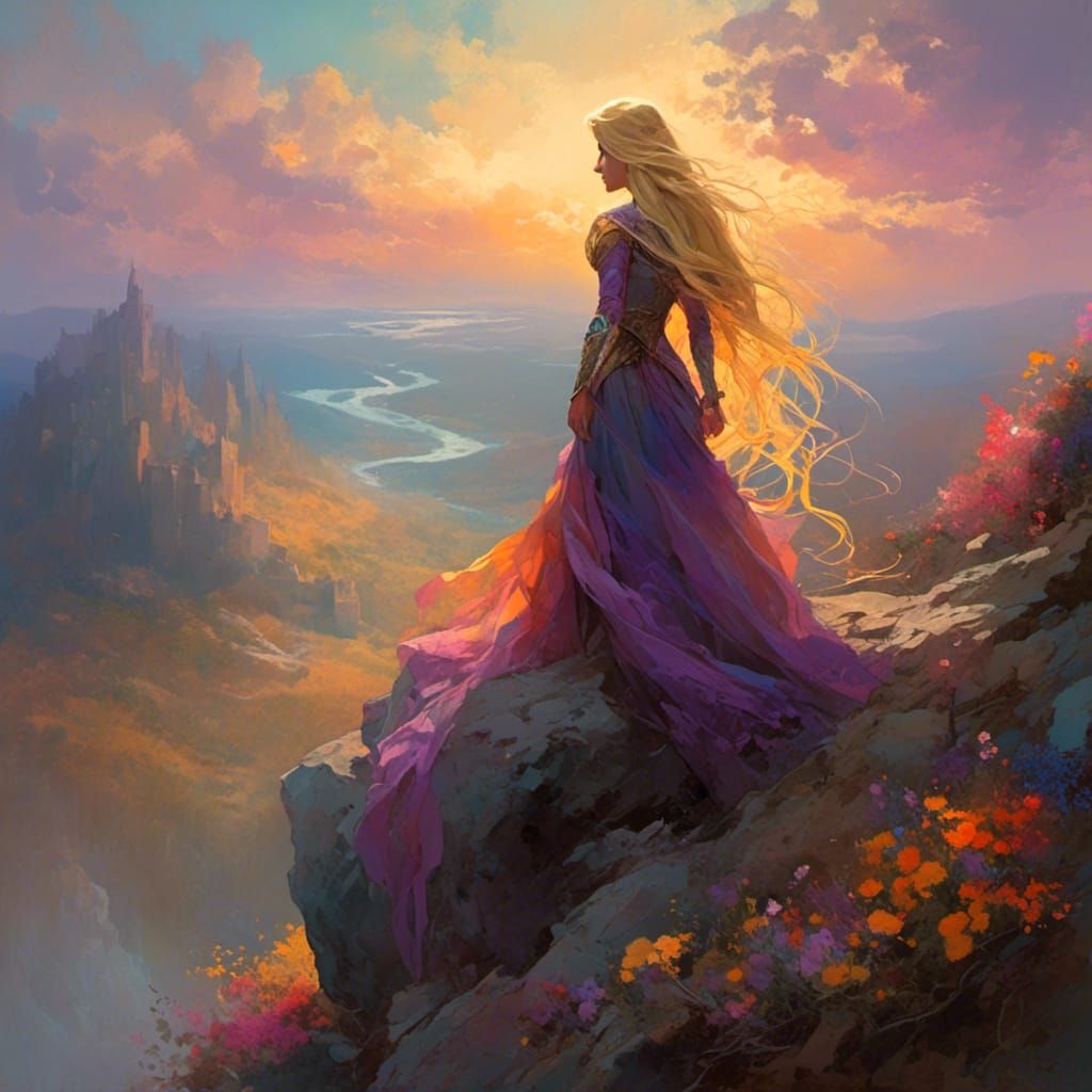 Rapunzel on Misty Cliff: Fantasy Oil Painting