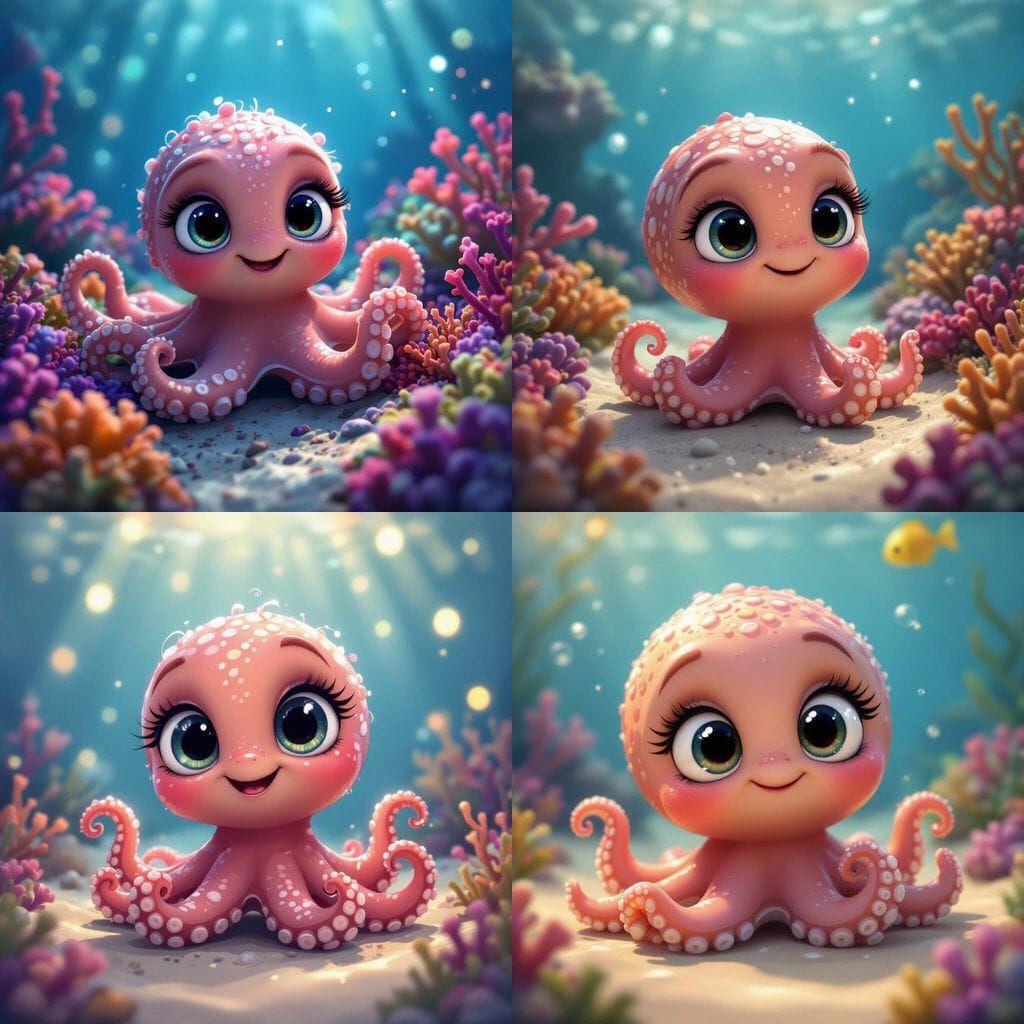 Cute Baby Octopus in Pixar Cartoon Style