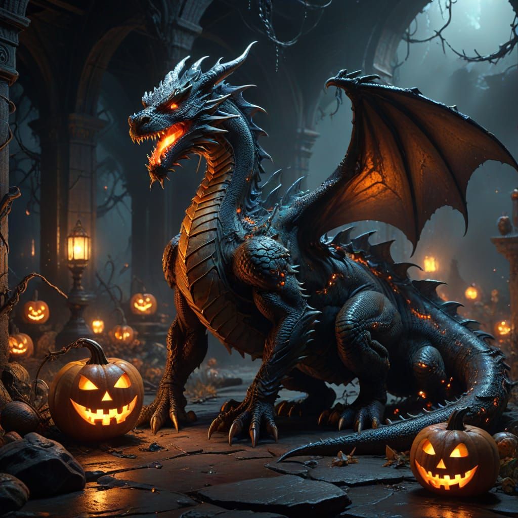 Majestic Dragon Adorned With Jack-o'-Lanterns in Dark Fantas...