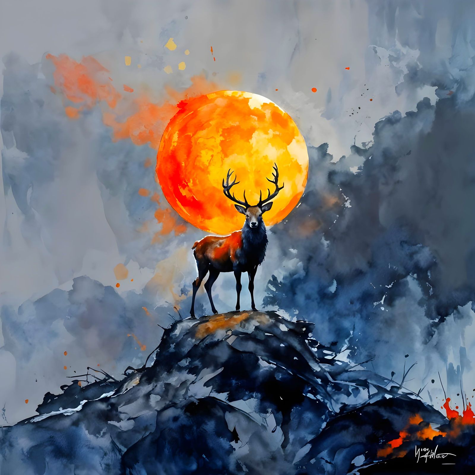 Stag in Watercolor with Orange Sun