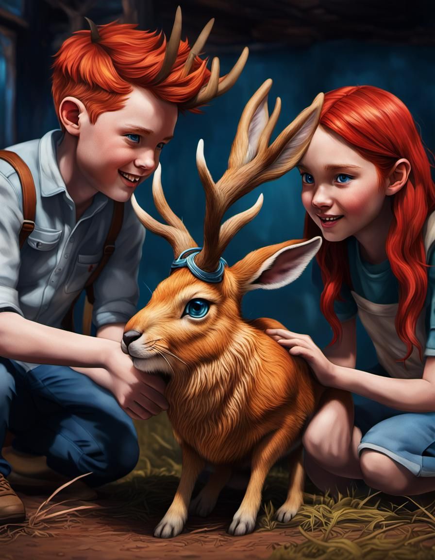 Children Play With Jackalope: Hyperrealistic Fantasy Art
