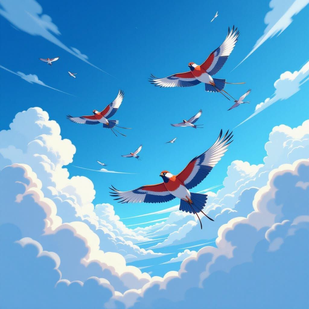 Birds Soaring in a Manga Sky