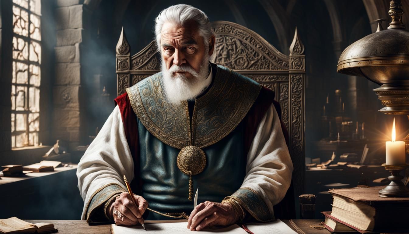 Hyperrealistic King Writing in Medieval Office