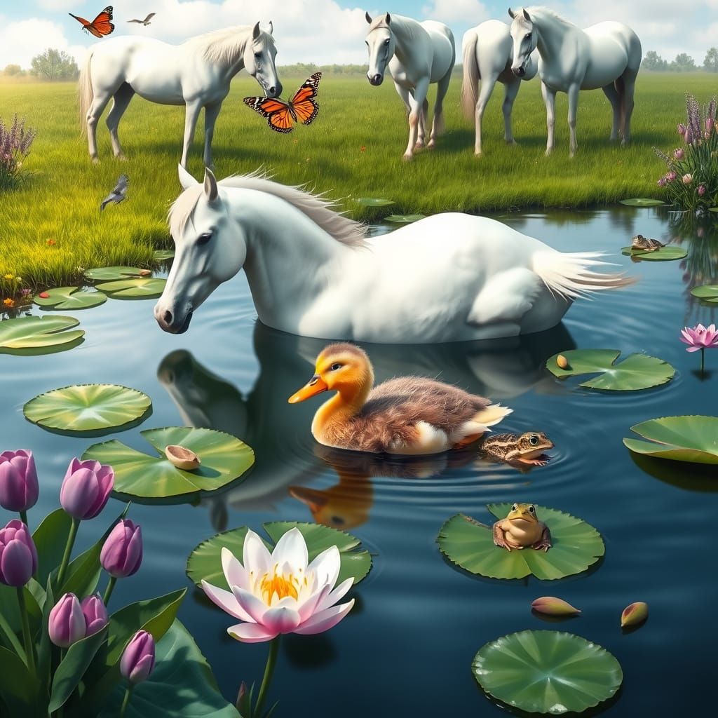 Duckling's Pond: A Whimsical Impressionist Scene