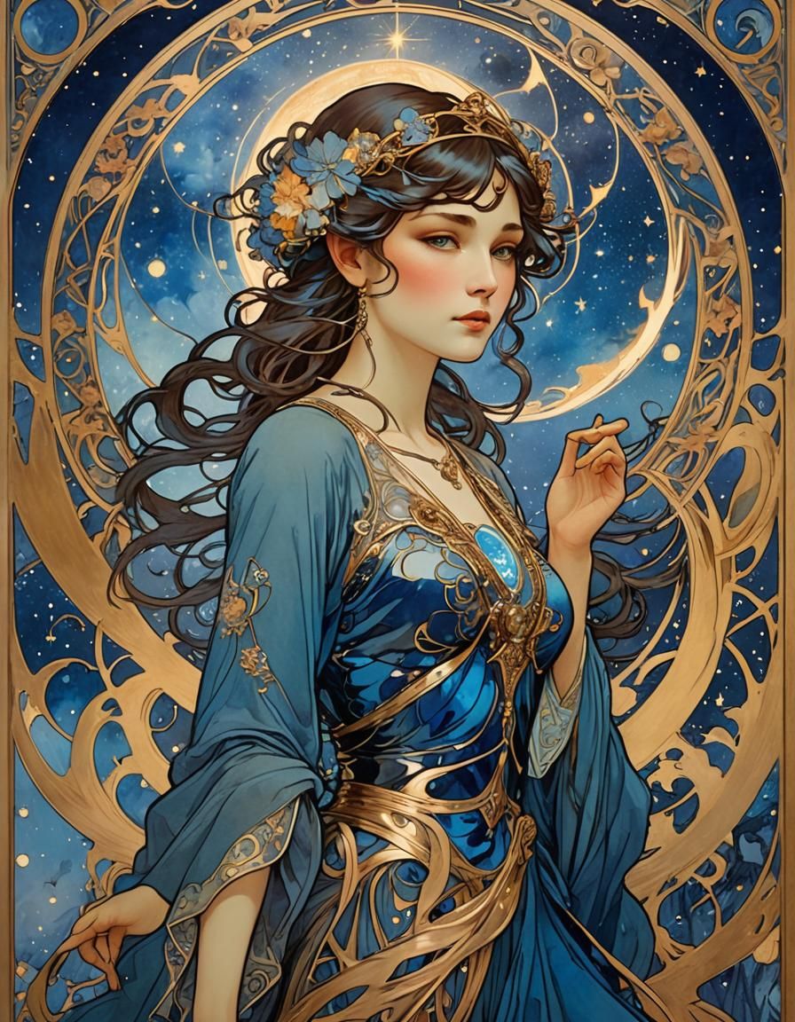 Pixie with Cobalt Aura in Art Nouveau Style