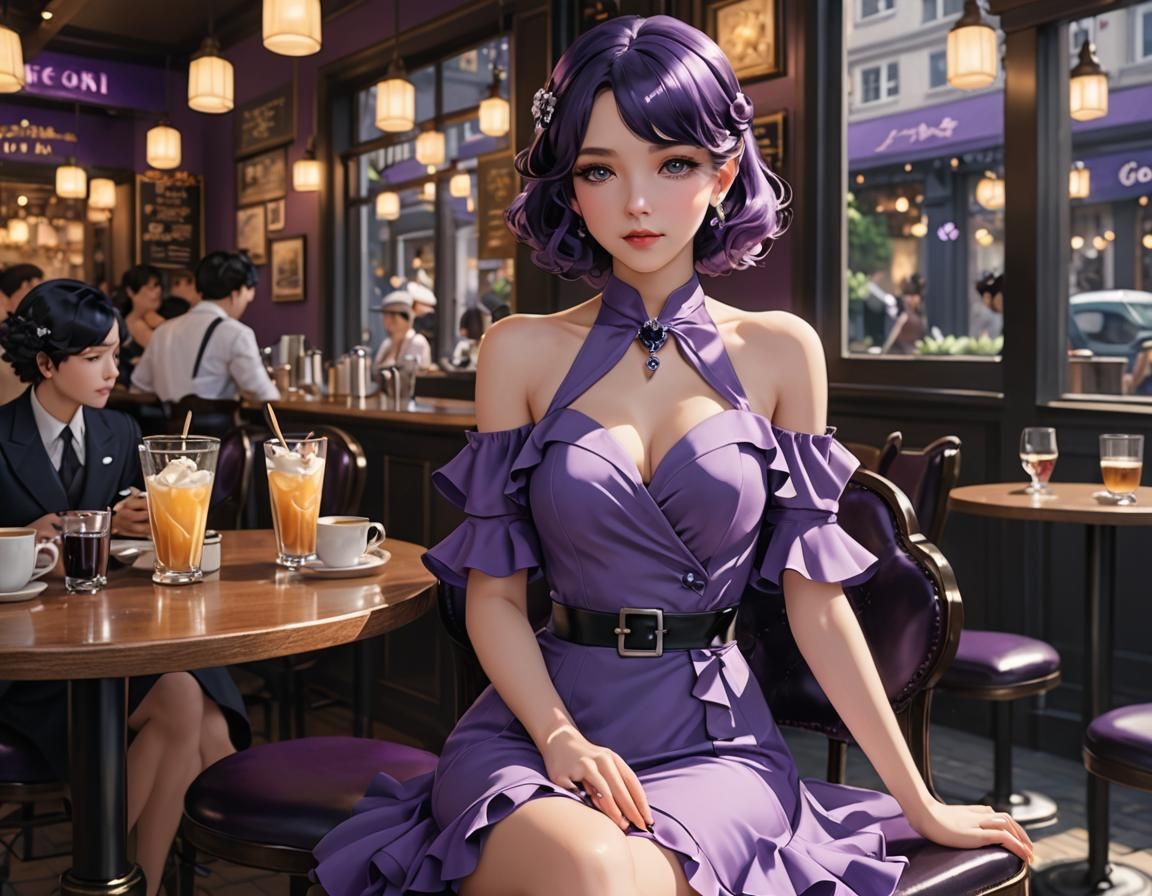 Woman in 1930s Purple Suit at Cafe, Anime Art