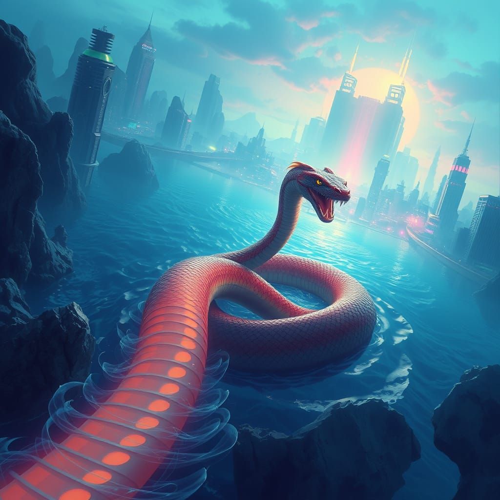 Serpent Glides Toward Metropolis in Sci-Fi Style