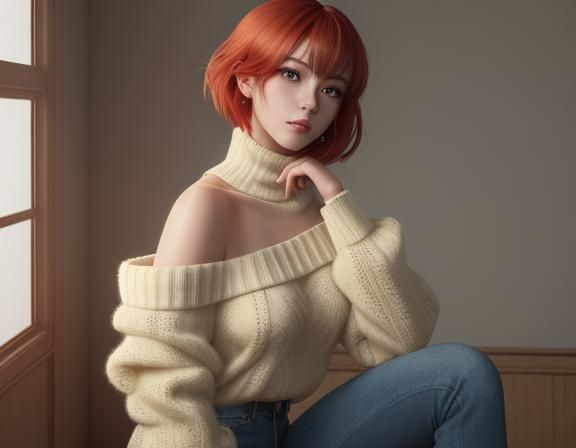 Anime Girl in Red Sweater, 3D Rendered Art