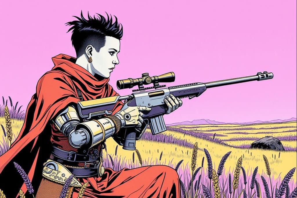 Cyborg Huntress in Ultraviolet Grasslands, Minimalist Illust...