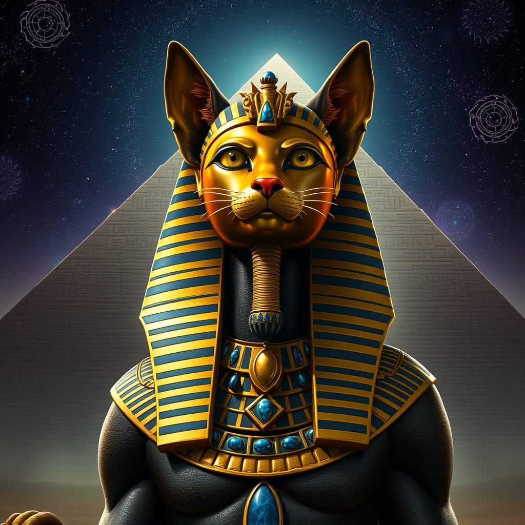 Feline Pharaoh Before Pyramid in Cosmic Sky