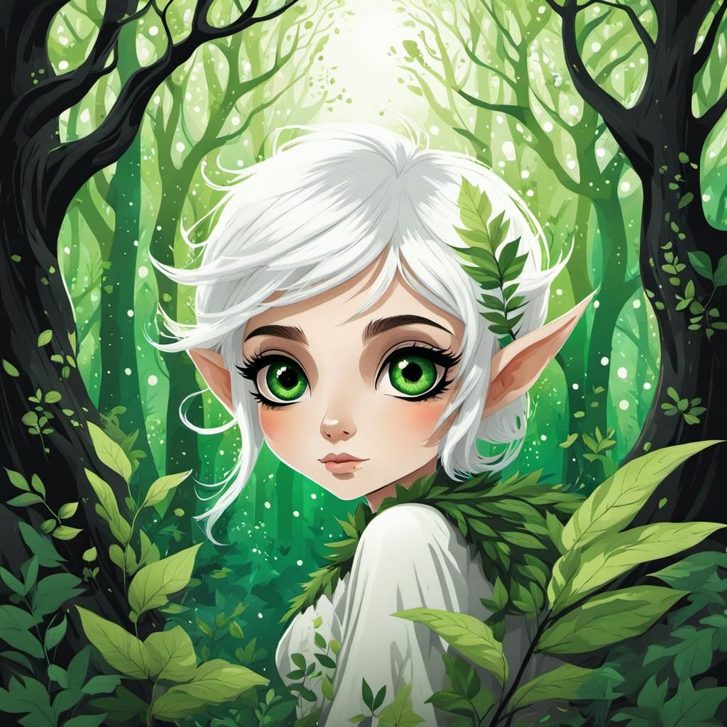 Eerie Forest Elf in Lush Flora, Ink Splash Art