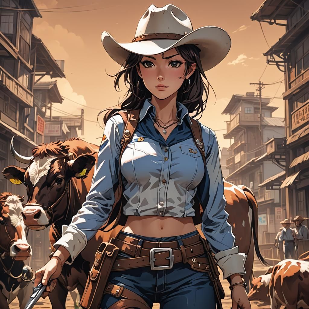 Anime Cowgirl in Cel-Shaded Manga Style