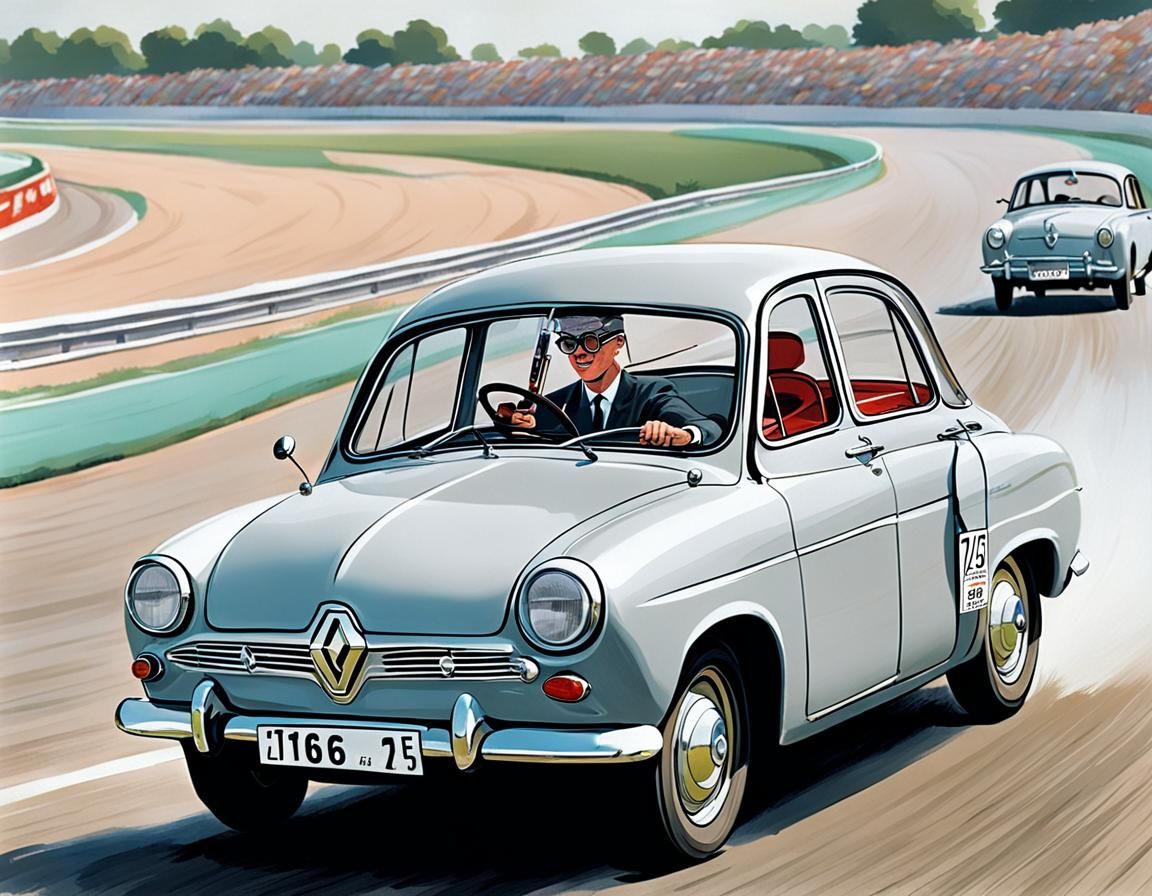 Young Boy Driving a Renault, Comic Art Style