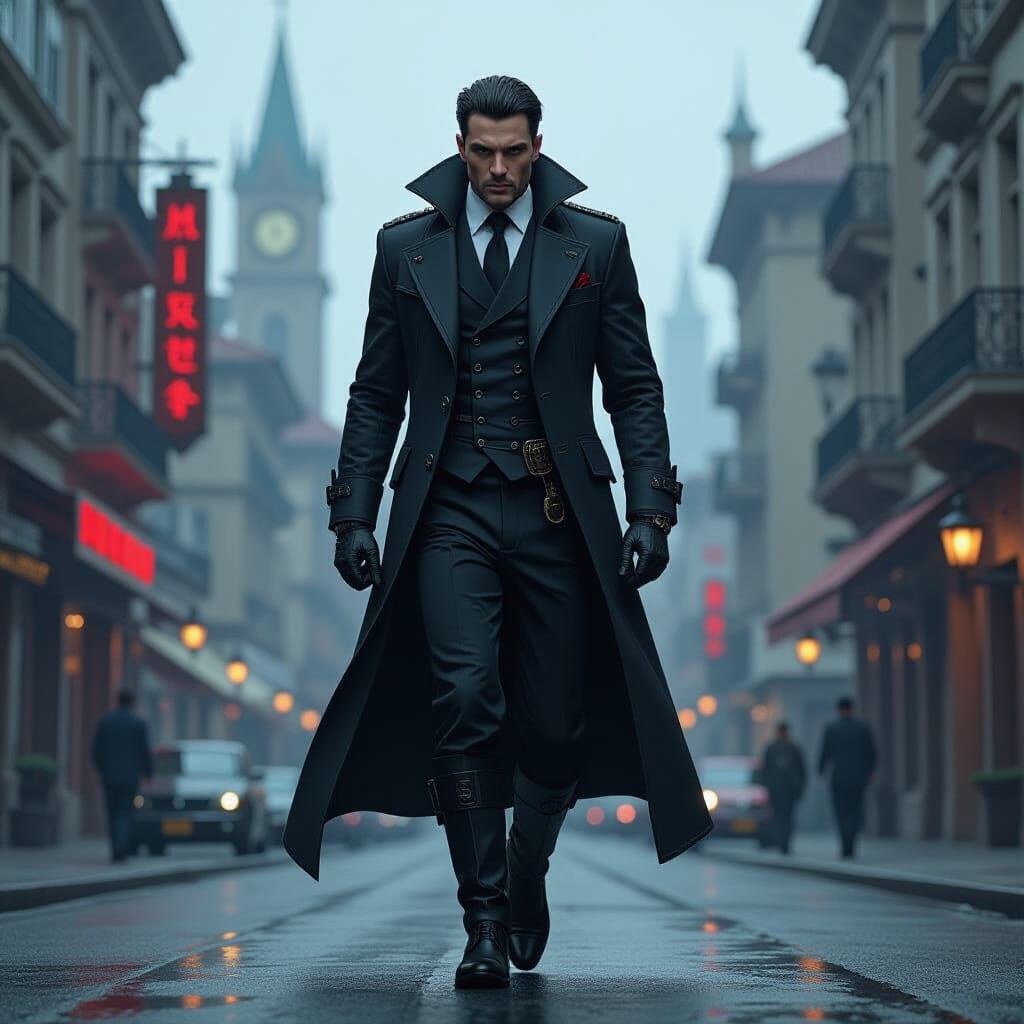 Dieselpunk Assassin in Cyberpunk City: Cel-Shaded Portrait