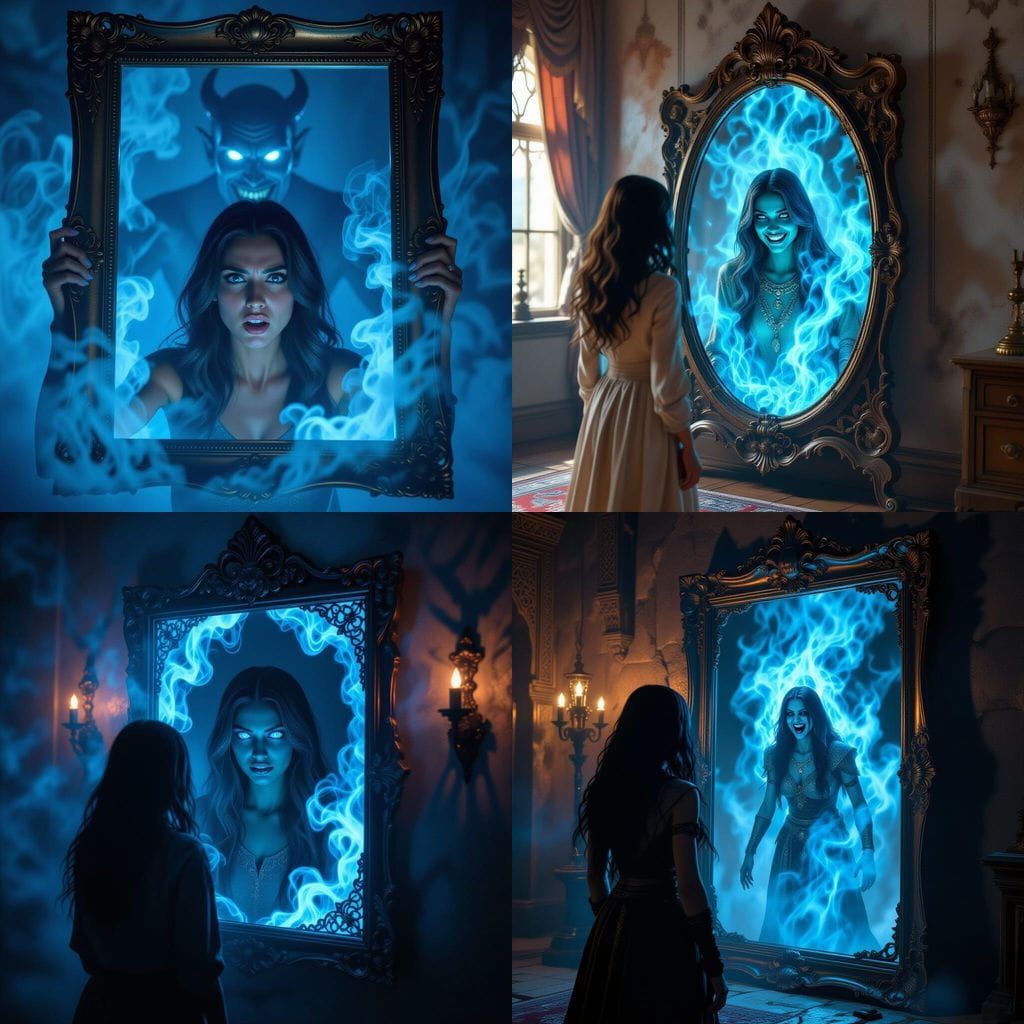 Haunted Mirror Reveals Djinn Behind Woman, Cinematic 3D Art