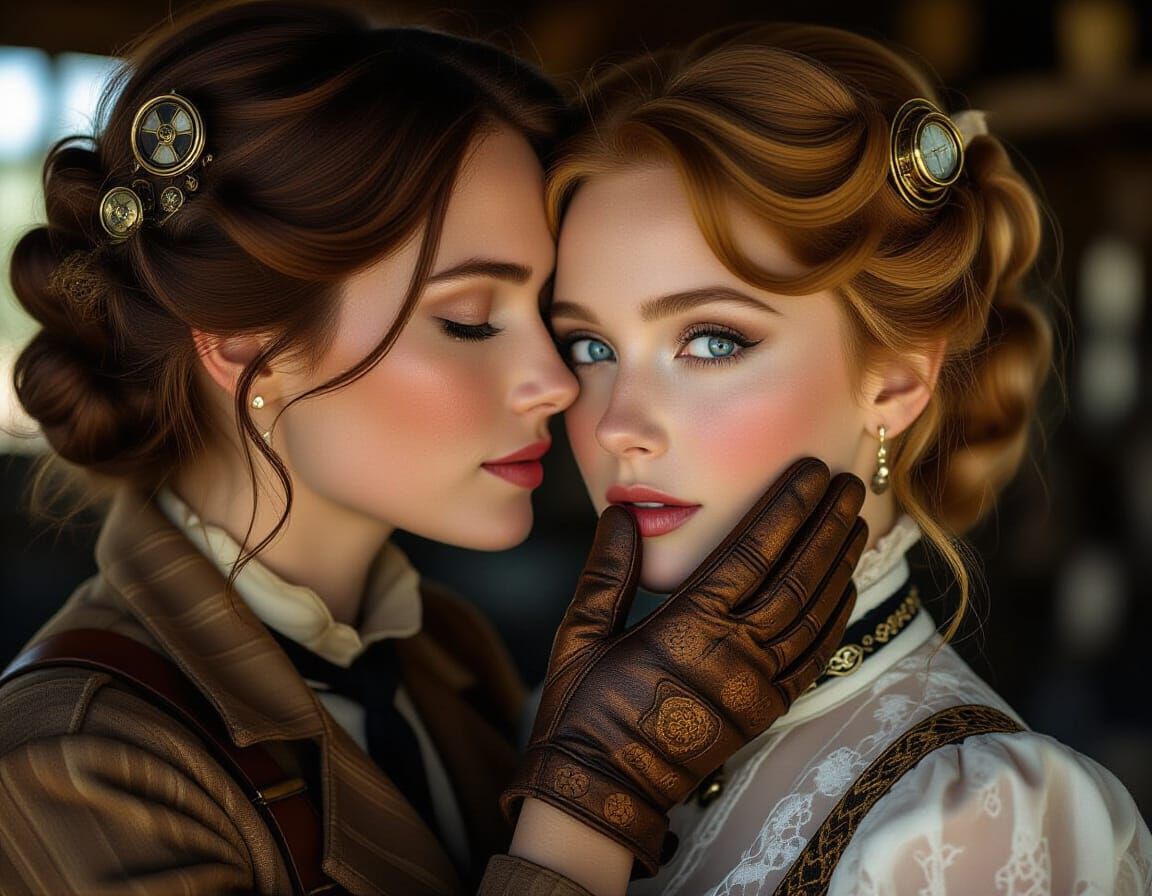 Steampunk Mechanic and Victorian Lady Embrace in Cinematic P...